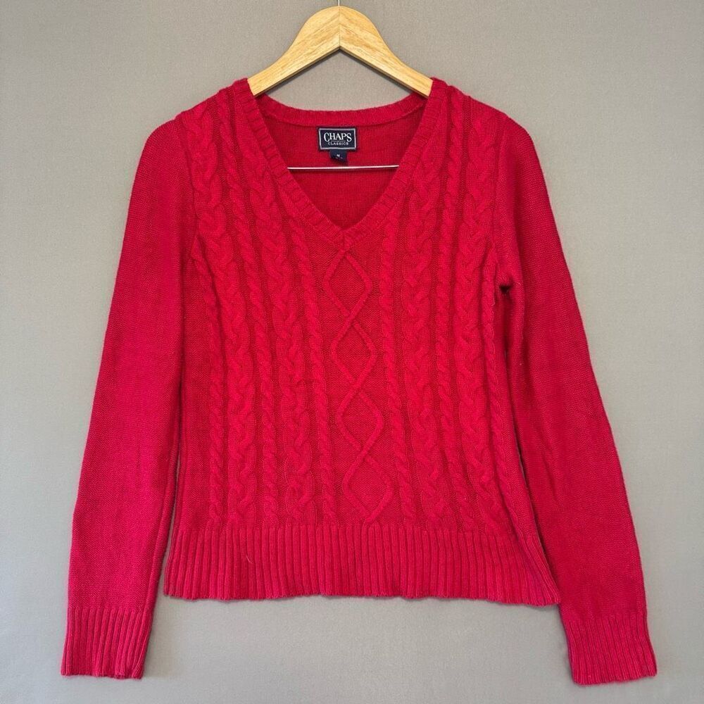 Chaps Ralph Lauren Women’s Red Cable Knit V-Neck Sweater Size Medium